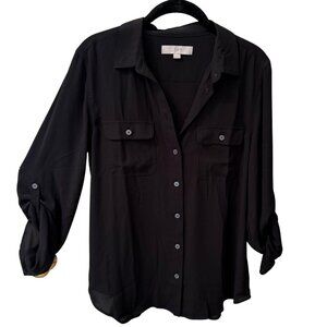 Ann Taylor Loft, Black, Button Down, 2 Pocket, Roll Cuff, M